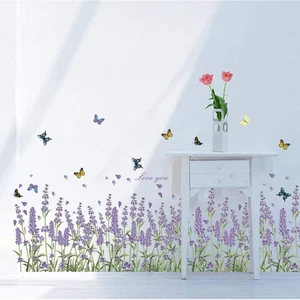 Runtoo Wandtattoo Lila Blumen Schmetterling Wandsticker Lavendel Blumenwiese Gra - Bild 1 von 12