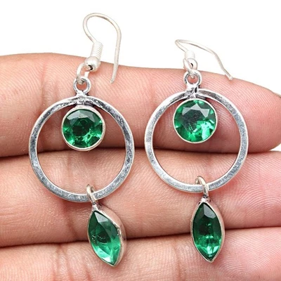 Emerald Quartz Gemstone Handmade Gift For Her Silver Jewelry Earrings 1.5'' - Image 1 of 4