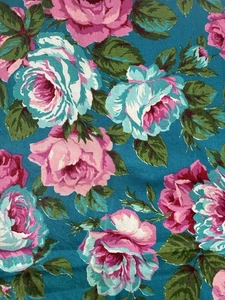 Cranston Print Works Vintage Cotton Pink Roses Teal Quilting Fabric 1 Yard 14” - Picture 1 of 3