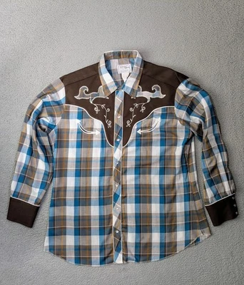 Vintage H Bar C Shirt Mens 17.5 - 35 Long Tail California Pearl Snap Made in USA - Image 1 of 4