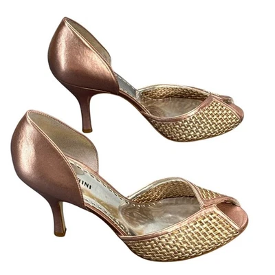 Gianni Bini Metallic Rose Pink Basket Weave Peep Toe Dressy Heel Women 8.5 - Image 1 of 4