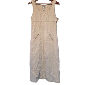 Vtg Womens Linen Blend Maxi Dress S Khaki Jumper Minimalist Lagom Modest Pocket - Picture 1 of 5