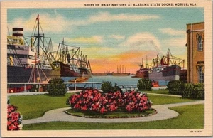 Postal de lino móvil de 1936, Alabama "Envíos de muchas naciones en muelles estatales" - Imagen 1 de 2