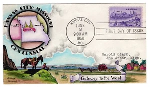 #994 Kansas City MO Dorothy Knapp Hand Painted 1950 First Day Cover - Picture 1 of 2
