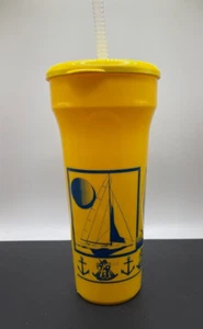 Vintage Plastic Cup w/ Lid and Straw Yellow Boating Nautical Sailboat Anchor 8" - Picture 1 of 3