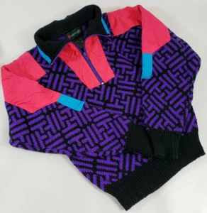 Vintage 90er Kinder Pullover Medium Lila Schwarz Neon Pink Blau Geometrisch Edelweiß - Bild 1 von 10