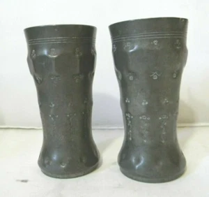 2 Antique Pewter Tumbler Cups Embossed Flowers Hallmarked Angel LL Pair - Picture 1 of 7
