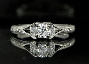 1/2CT Round Cut Simulated Diamond Vintage Style Art Deco Wedding 925 Silver Ring - Picture 1 of 4