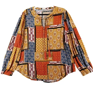 Cloth And Portrait Shirt Women's XL Orange Earthy Patchwork Peasant Boho Tassels - Picture 1 of 13