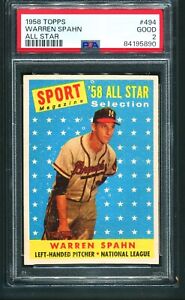 1958 Topps Baseball #494 WARREN SPAHN Milwaukee Braves ALL-STAR PSA 2 GOOD