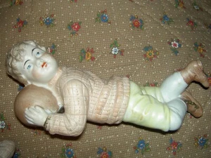 TWO great antique German, Victorian era, bisque boy sports figures playing Rugby - Picture 1 of 6