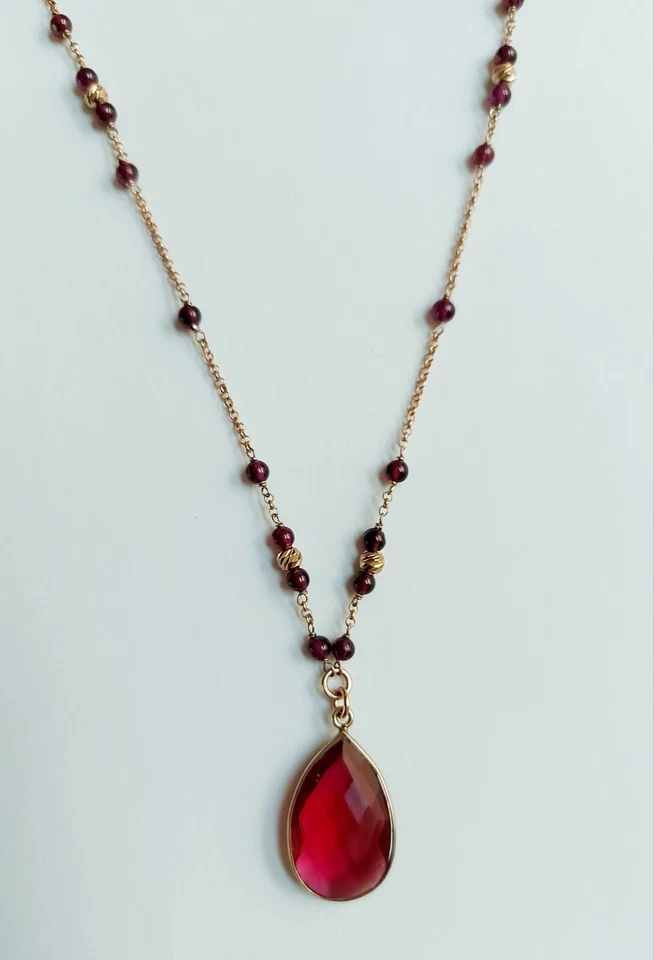 collana in argento 925 laminato in oro rosa, granato e goccia di cristallo   - Immagine 1 di 3