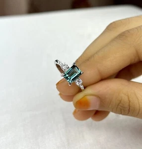 teal sapphire engagement ring silver emerald cut teal sapphire ring - Picture 1 of 7