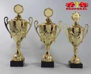 3er Serie Pokale Klassiker m.H. in gold 33cm-37cm inkl. Gravur und Emblem E650 - Bild 1 von 7