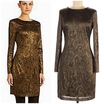 Badgley Mischka NWT Gold Black Floral Sheath Dress Size 8 Metallic Long Sleeve - Image 1 of 4