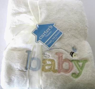 Carters Classics Baby Blanket Snuggly Soft White Embroidered Baby and Bee  Gift - Image 1 of 4