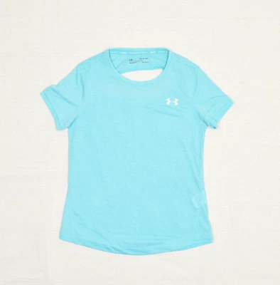 Camiseta Under Armour feminina poliéster azul tamanho XS ajustada Heatgear listrada corrida - Imagem 1 de 4