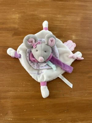 Doudou Et Compagnie Souris Pearly Plat Carré Blanc Rose Gris Attache Tétine - Photo 1/4