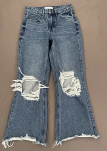 Vervet Blue Wide Leg Crop Jeans Womens 24 Distressed Raw Hem High Rise Dark Wash - Picture 1 of 10
