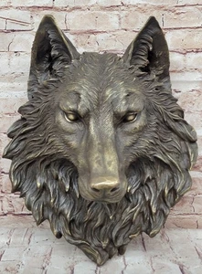 Wolf Head Hanging Bronze Metal Statue Sculpture Wall Art Decor Signed Original - Picture 1 of 10
