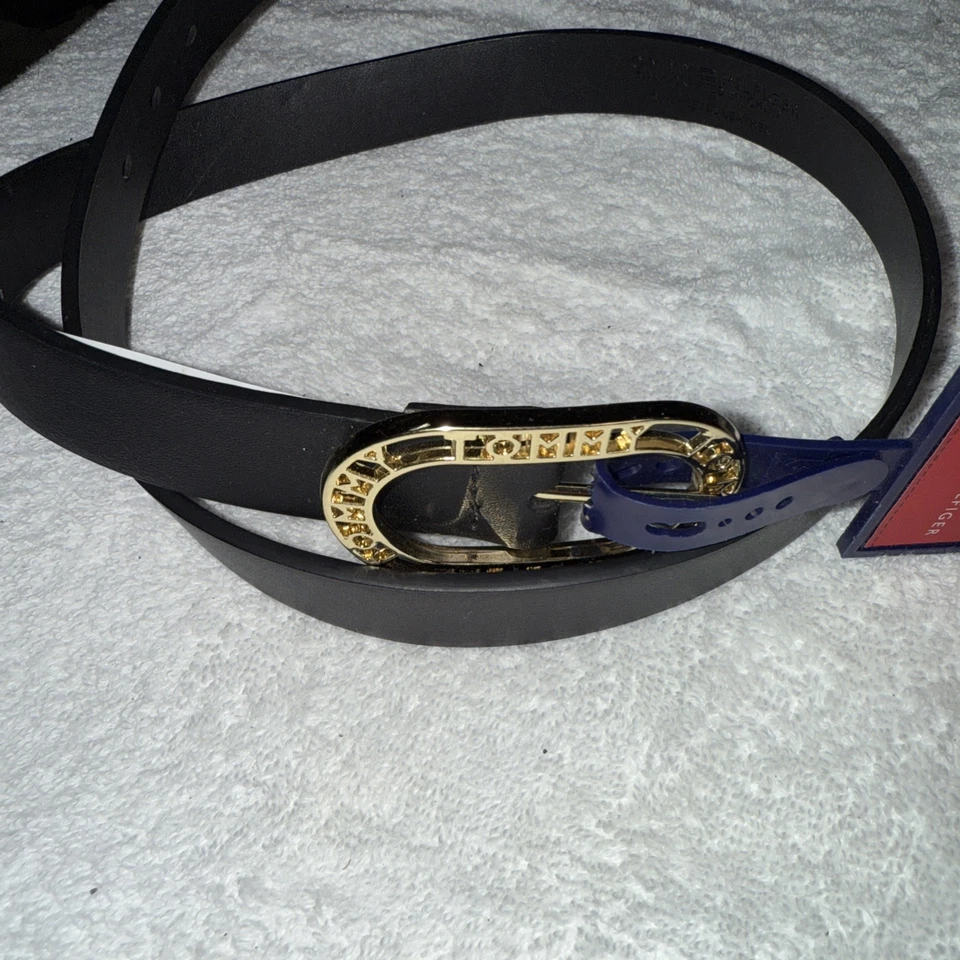Tommy Hilfiger Cinturón Negro Cuero Sintético Mujer Talla M Hebilla Dorada Logo Foto 1 de 4