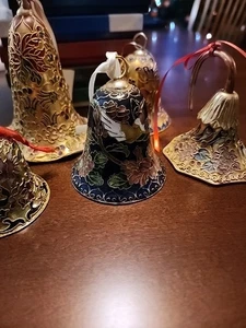 Set Of 5 Misc Vintage Cloisonne Bell Ornaments Enamel Metal Gold Intricate Xmas  - Picture 1 of 15