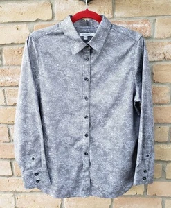 Chico's Gray Print Button Collared Dress Shirt Sz 1.5 US Size M 10 L/S Work - Picture 1 of 15