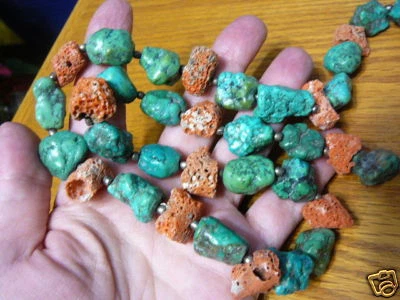 v325) Rough Orange coral Turquoise Beads GEM bead Necklace JEWELRY HUGE GORGEOUS - Image 1 of 4