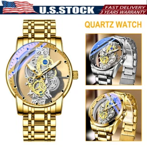 Reloj pulsera mecánico automático de lujo para hombre de acero inoxidable esqueleto tono dorado - Imagen 1 de 16