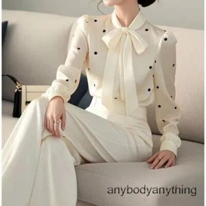 Bow Lacing Shirt Top Spring Autumn Long Sleeve Blouse Fashion Women Clothes - Picture 1 of 13