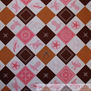 BonEful Fabric FQ Cotton Quilt VTG Brown Pink Cowgirl Block Boot Hat Patchwork S - Picture 1 of 14