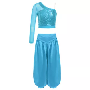 Girls Outfit Breathable Set One Shoulder Dancewear Latin Dance Long Sleeve Mesh - Picture 1 of 22
