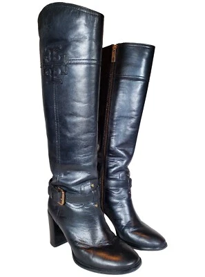 Botas de montar Tory Burch Blaire de tacón alto de cuero negro dorado para mujer EE. UU. 5,5 Foto 1 de 4