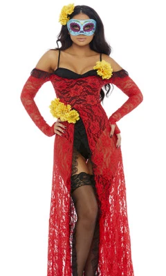 Sexy Forplay Reina De Muerta Day Of The Dead Red Lace Dress Costume 558765 - Image 1 of 2