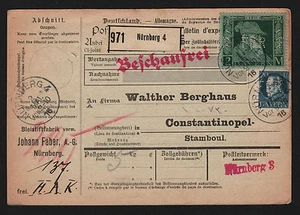 Tarjeta de paquete OPC 1916 Nurnberg Baviera a Turquía #87II Johann Faber Perfin FBR - Imagen 1 de 2