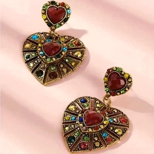 Cool Boho Heart Shape Earrings Vintage Mixed Color Rhinestone Dangle Earring New - Picture 1 of 3