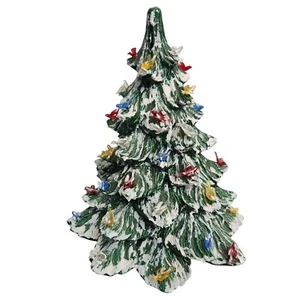 Vintage Ceramic Flocked Christmas Tree Colorful Bird Lights 13 Inches Tall Green - Picture 1 of 10