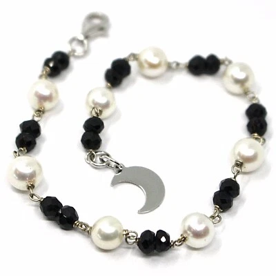 PULSERA ORO BLANCO 18K, ESPINELA NEGRA FACETADA, PERLAS, COLGANTE LUNA PLANA Foto 1 de 4