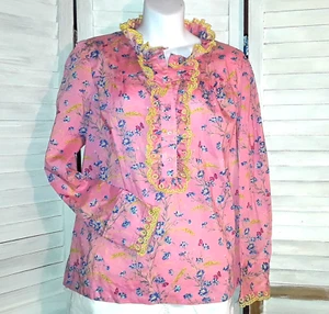 J Crew Liberty Fabric Blouse Size Small Pink Floral Lace Ruffle Button Up Defect - Picture 1 of 9