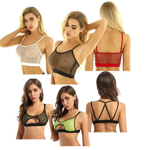 UK Womens Fishnet See Through Camisole Crop Top Strappy Bralette Tank Top Vest - Picture 1 of 87