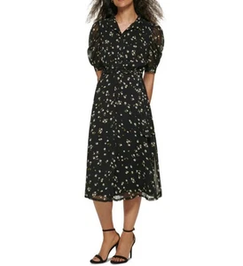 DKNY Women's Puff Sleeve Midi Floral Short Sleeve Dress 12 New $134 DD2H6123 - Picture 1 of 4