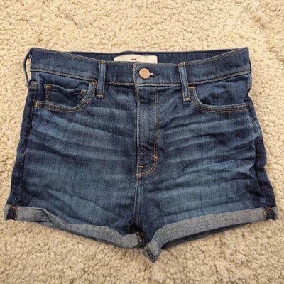 Pantalones Cortos de Jean Hollister Mujer Mamá Talla 5 Jr 28x2 Tiro Alto Puños Denim Azul  Foto 1 de 4