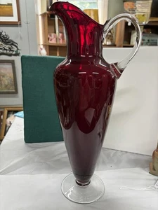 16” Ruby Red Blown Art Glass Pitcher MCM. No Chips - Picture 1 of 1
