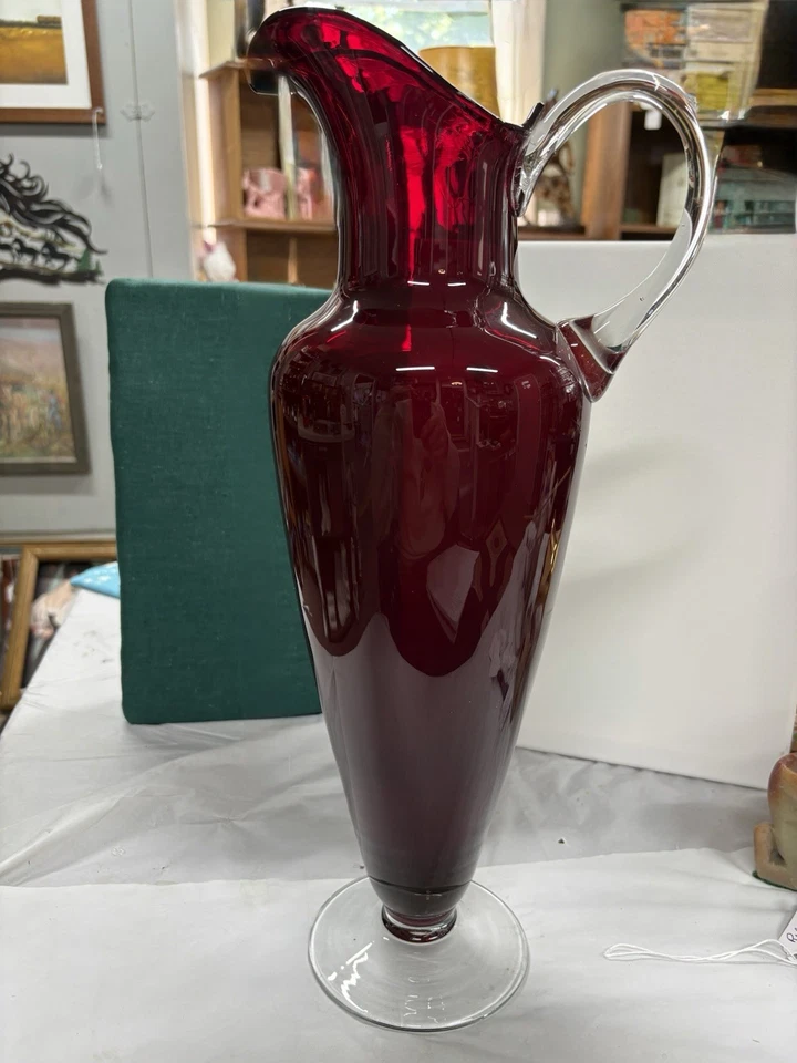 16” Ruby Red Blown Art Glass Pitcher MCM. No Chips - Image 1 of 1