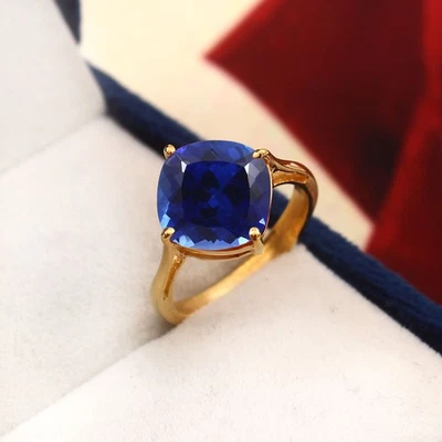 10x10 Cuscino Reale Zaffiro Blu Gemma Anello Placcato Oro Fascia Donna Gioielli - Immagine 1 di 4