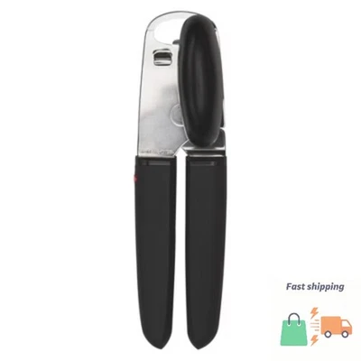 Abridor de latas de mango suave OXO: buenas empuñaduras, acero inoxidable, manual, negro Foto 1 de 4