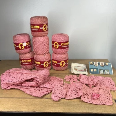 Лот из 7 мерсеризованных хлопковых ниток для вязания крючком D-54 размер 10 розовый цвет 600 ярдов винтажный - Изображение 1 из 4