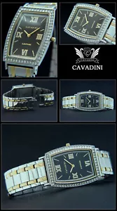 Cavadini Men's Watch Stainless Steel Tonneau with Zirconia Silver-Gold CV-3683G - Picture 1 of 1