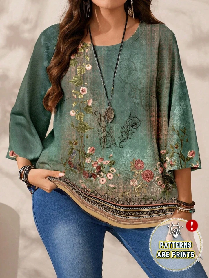 Plus Size Women's Casual Allover Print Shirt Round Neck 3/4 Sleeve Loose Fit Top - image 1 of 4