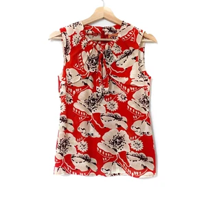 Tory Burch Silk Orange and Beige Floral Print Sleeveless Top with Necktie Size 2 - Picture 1 of 7